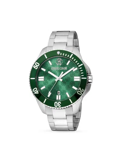 Shop Roberto Cavalli Men's 44mm Stainless Steel Bracelet Watch In Dark Green