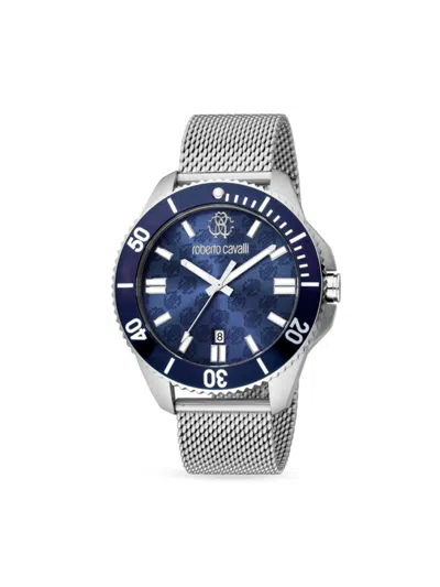Shop Roberto Cavalli Men's 44mm Stainless Steel Bracelet Watch In Dark Blue