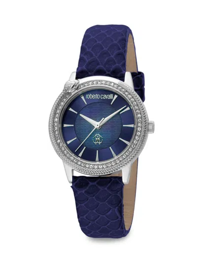 Shop Roberto Cavalli 32mm Stainless Steel, Crystal, Mother Of Pearl & Leather Strap Watch In Neutral