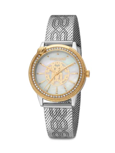 Shop Roberto Cavalli 32mm Two Tone Stainless Steel & Mother Of Pearl & Crystal Studded Bracelet Watch In Neutral