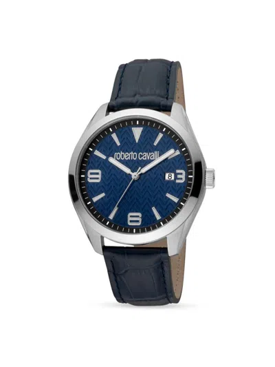 Shop Roberto Cavalli Men's 42mm Stainless Steel & Leather Strap Watch In Blue