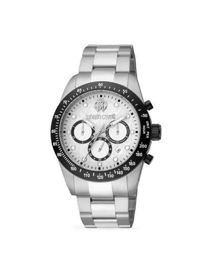 Shop Roberto Cavalli Men's 42mm Stainless Steel Bracelet Chronograph Watch In Silver