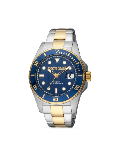Shop Roberto Cavalli Men's 44mm Two Tone Stainless Steel Bracelet Watch In Dark Blue
