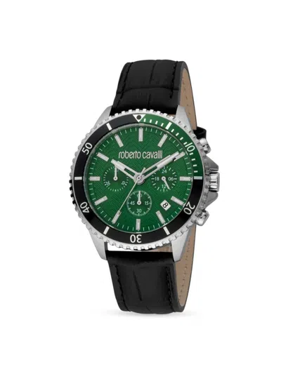 Shop Roberto Cavalli Men's 42mm Stainless Steel & Leather Strap Watch In Green