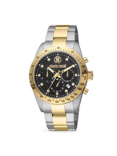 Shop Roberto Cavalli Men's 42mm Two Tone Stainless Steel Bracelet Chronograph Watch In Black