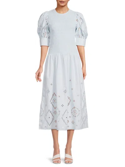 Shop Ganni Women's Broderie Anglaise Smocked Midi Dress In Illusion Blue