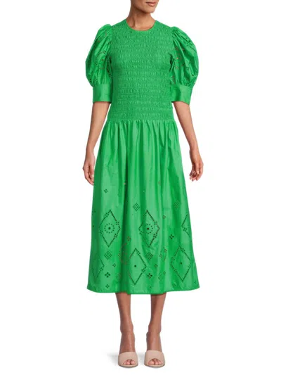 Shop Ganni Women's Broderie Anglaise Smocked Midi Dress In Kelly Green