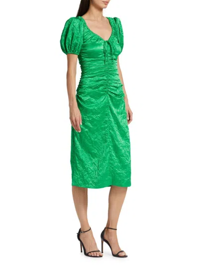 Shop Ganni Women's Ruched Satin Midi Dress In Bright Green