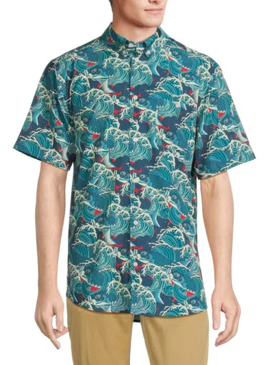 Shop Wesc Men's Short Sleeve Wave Button Down Shirt In Blue Multi