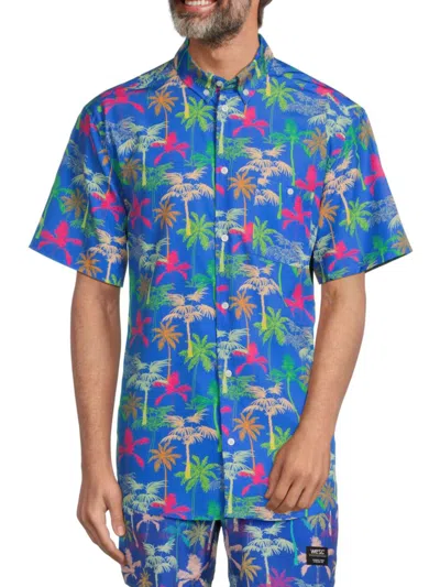 Shop Wesc Men's Short Sleeve Palm Tree Button Down Shirt In Electric Blue