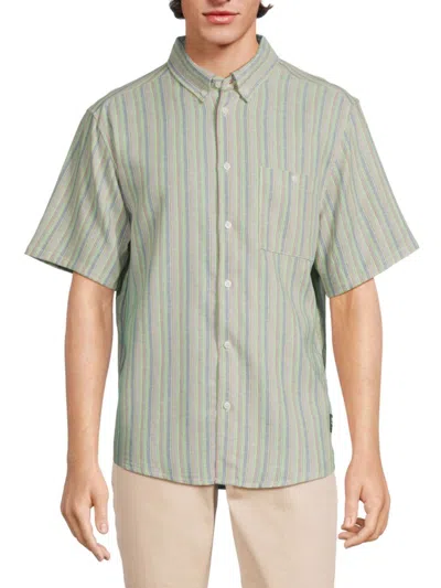 Shop Wesc Men's Striped Linen Blend Button Down Shirt In Elemental Green