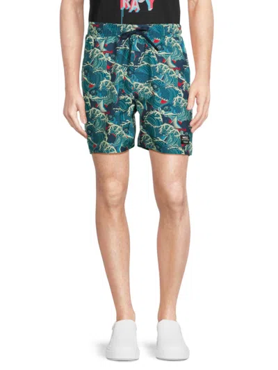 Shop Wesc Men's Fish Print Drawstring Shorts In Blue Multi