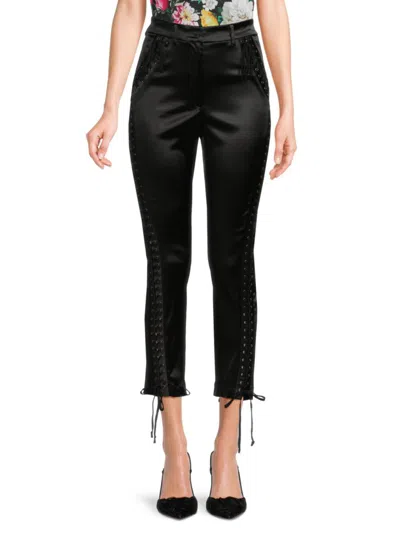Shop Dolce & Gabbana Silk Blend Lace Up Trousers In Black