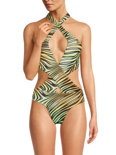 Shop Roberto Cavalli Women's Zebra Print Cutout One-piece Swimsuit In Tiger