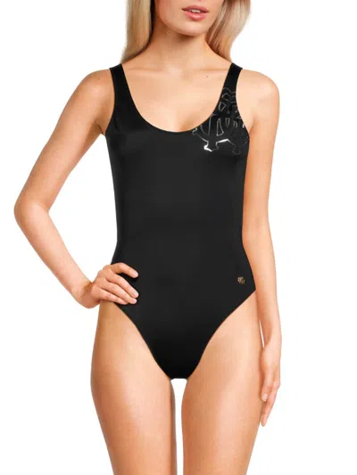Shop Roberto Cavalli Women's Metallic Logo One-piece Swimsuit In Black