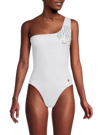 Shop Roberto Cavalli Women's Logo One Shoulder One-piece Swimsuit In White