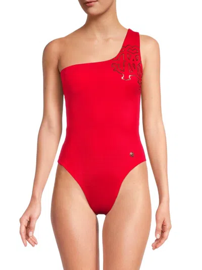 Shop Roberto Cavalli Women's Logo One Shoulder One-piece Swimsuit In Red
