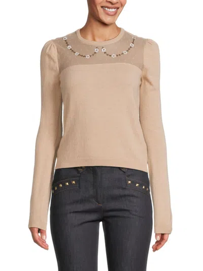 Shop Red Valentino Women's Floral Wool Blend Crewneck Sweater In Nude