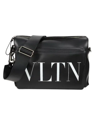 Shop Valentino Men's Messenger Logo Leather Crossbody Bag In Black White