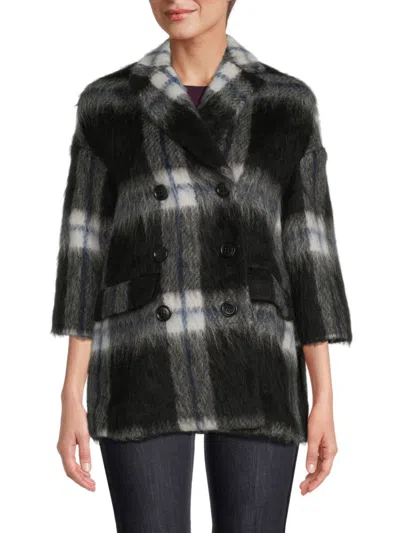Shop Red Valentino Women's Wool Blend Plaid Peacoat In Nero