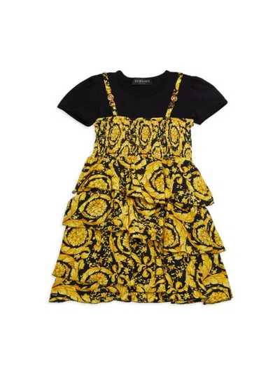 Shop Versace Little Girl's & Girl's Twofer Baroque Tiered Dress In Black Gold