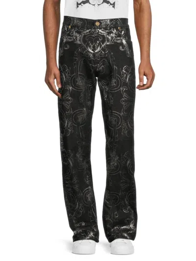 Shop Versace Men's High Rise Metallic Floral Jeans In Black