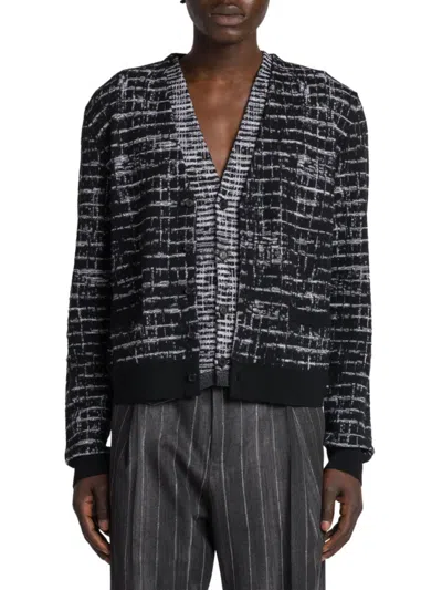 Shop Versace Men's Checkered Wool V Neck Cardigan In Black