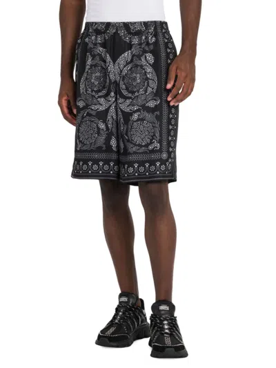 Shop Versace Men's Beaded Silk Shorts In Black Silver