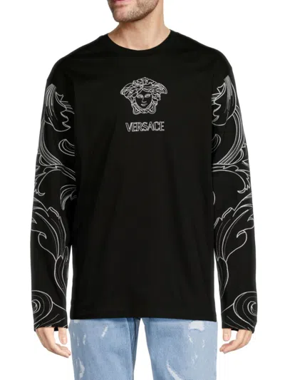 Shop Versace Men's College Fit Logo Long Sleeve Tee In Black
