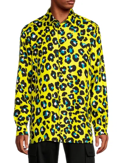 Shop Versace Men's Heritage Fit Leopard Print Silk Shirt In Acid Lime