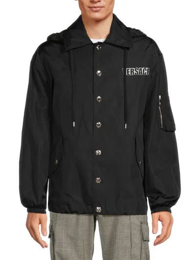 Shop Versace Men's Graphic Nylon Hooded Jacket In Black