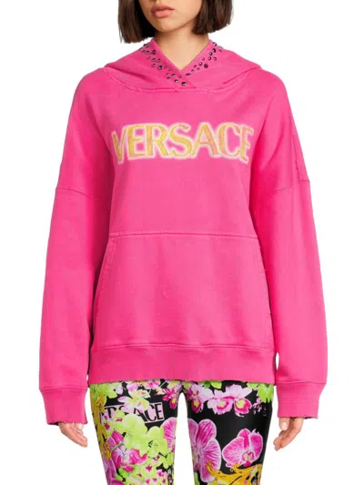 Shop Versace Women's Drop Shoulder Logo Hoodie In Pink Yellow