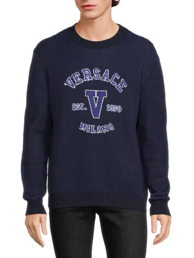 Shop Versace Men's Logo Intarsia Sweater In Navy