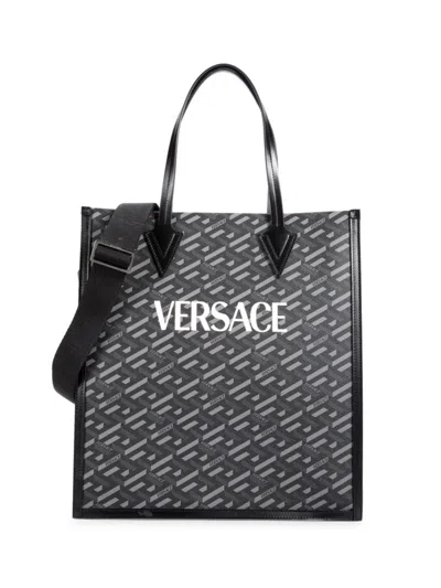 Shop Versace Men's La Greca Monogram Canvas Tote Bag In Black