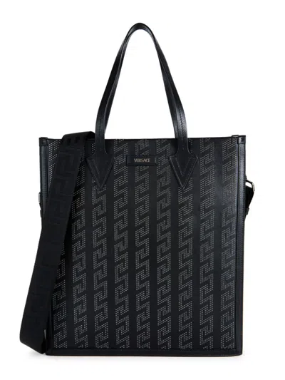 Shop Versace Men's Monogram Leather Tote In Black