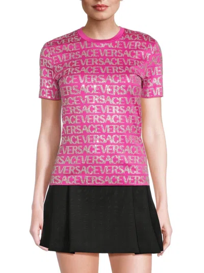 Shop Versace Women's Rhinestone Logo Crewneck T Shirt In Fuchsia Crystal