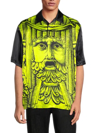Shop Versace Men's Print Satin Shirt In Acid Green