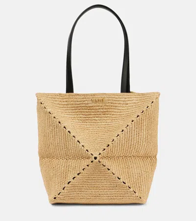 Loewe Mini Natural Raffia Puzzle Fold Tote Handbag In Beige