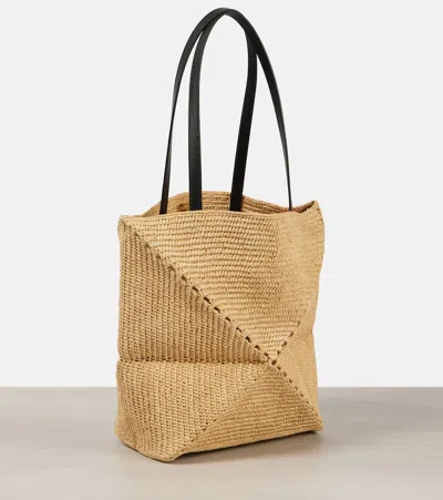 Loewe Mini Natural Raffia Puzzle Fold Tote Handbag In Beige