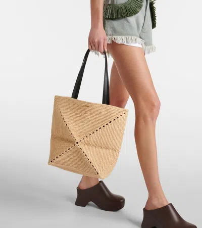 Loewe Mini Natural Raffia Puzzle Fold Tote Handbag In Beige