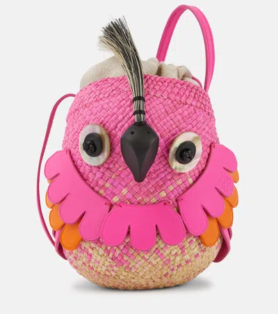 Loewe X Paula's Ibiza Bird Bag In Iraca Palm With Leather Strap In Pink