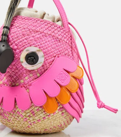 Loewe X Paula's Ibiza Bird Bag In Iraca Palm With Leather Strap In Pink