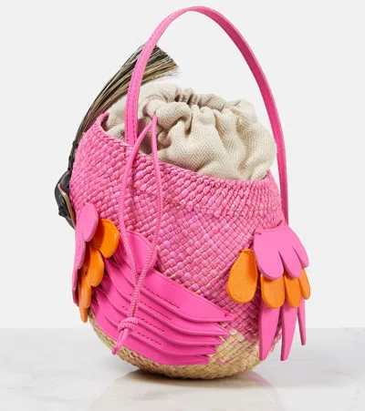 Loewe X Paula's Ibiza Bird Bag In Iraca Palm With Leather Strap In Pink