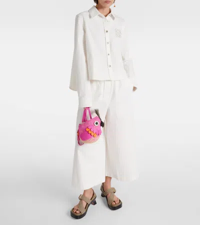 Loewe X Paula's Ibiza Bird Bag In Iraca Palm With Leather Strap In Pink