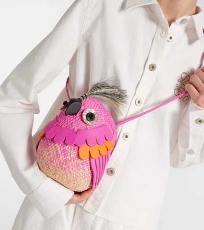 Loewe X Paula's Ibiza Bird Bag In Iraca Palm With Leather Strap In Pink