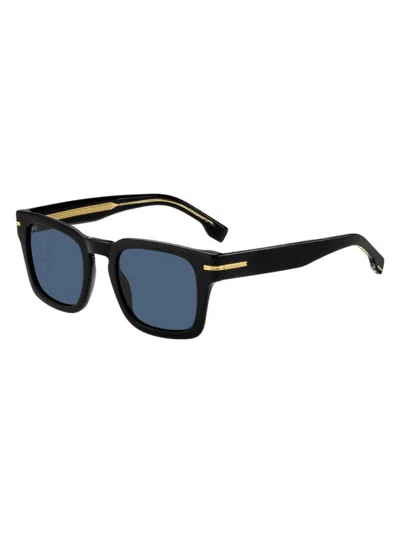 Shop Hugo Boss Men's 1625s 50mm Rectangular Sunglasses In Black Blue