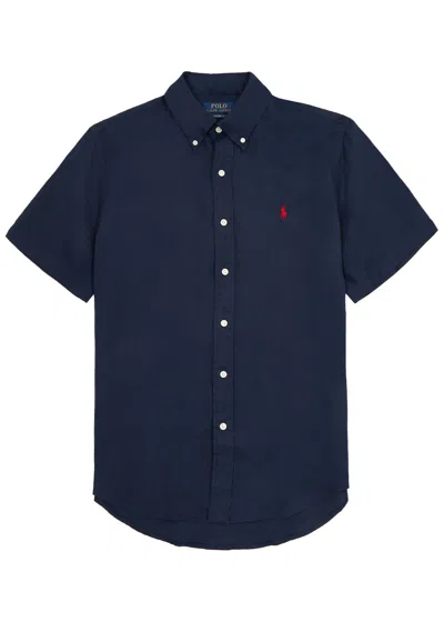 Shop Polo Ralph Lauren Logo-embroidered Linen Shirt In Navy