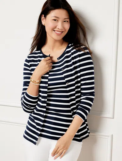 Talbots Misses - Variegated Ribbed Cardigan Sweater - Stripe - Indigo/white - Large  In Indigo,white