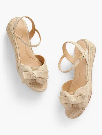 Shop Talbots Pamela Bow Linen Wedge Sandals - Metallic - Natural/gold - 10m - 100% Cotton  In Natural,gold