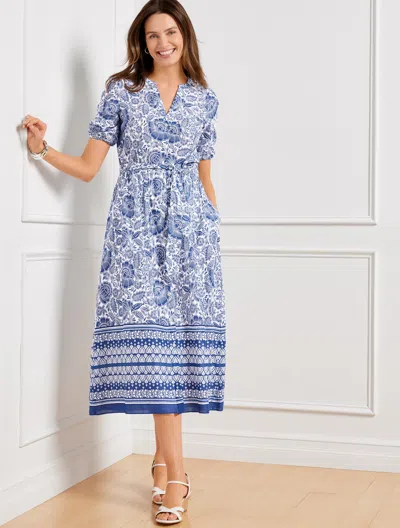 Shop Talbots Plus Size - Puff Sleeve Fit & Flare Dress - Woodblock Floral - White/blueberry Hill - 20 - 100% Cott In White,blueberry Hill
